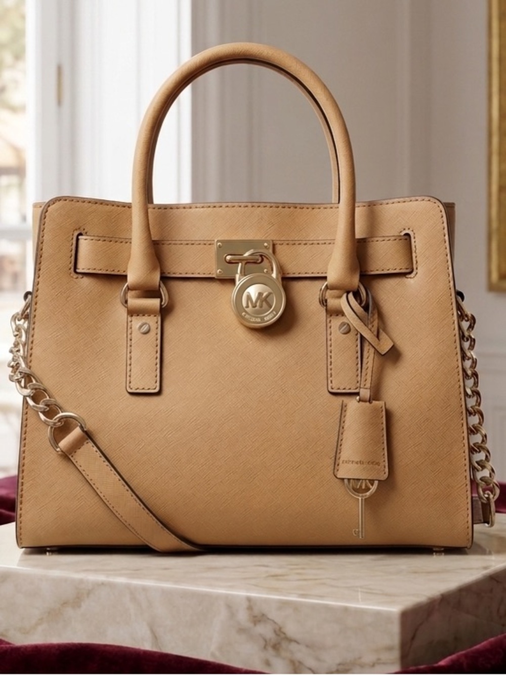 Michael Kors Brown/Beige/Tan Saffiano Leather Satchel with Gold Hardware